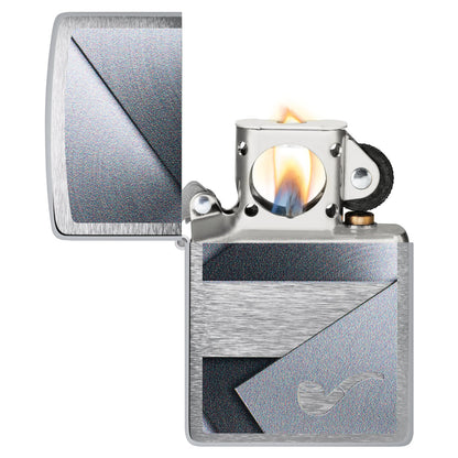 Zippo Metallic Design Pipe Lighter Brushed Chrome Windproof Lighter with its lid open and lit.
