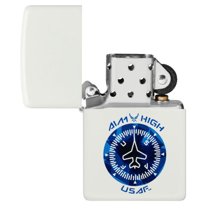 Zippo U.S. Air Force™ Aim High Design White Matte Windproof Lighter with its lid open and unlit.