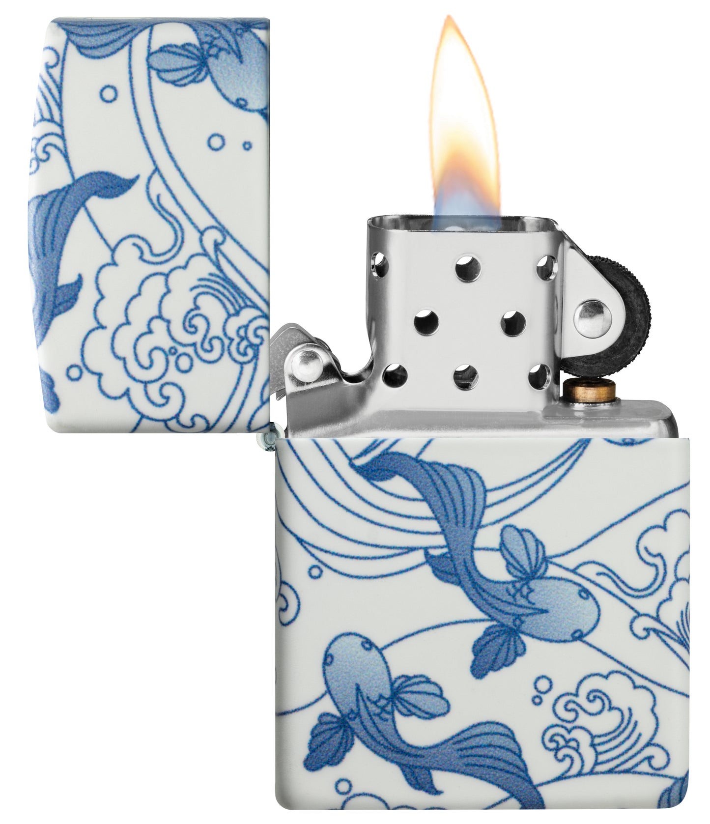 Zippo Porcelain Koi Design 540 Matte Windproof Lighter with its lid open and lit.