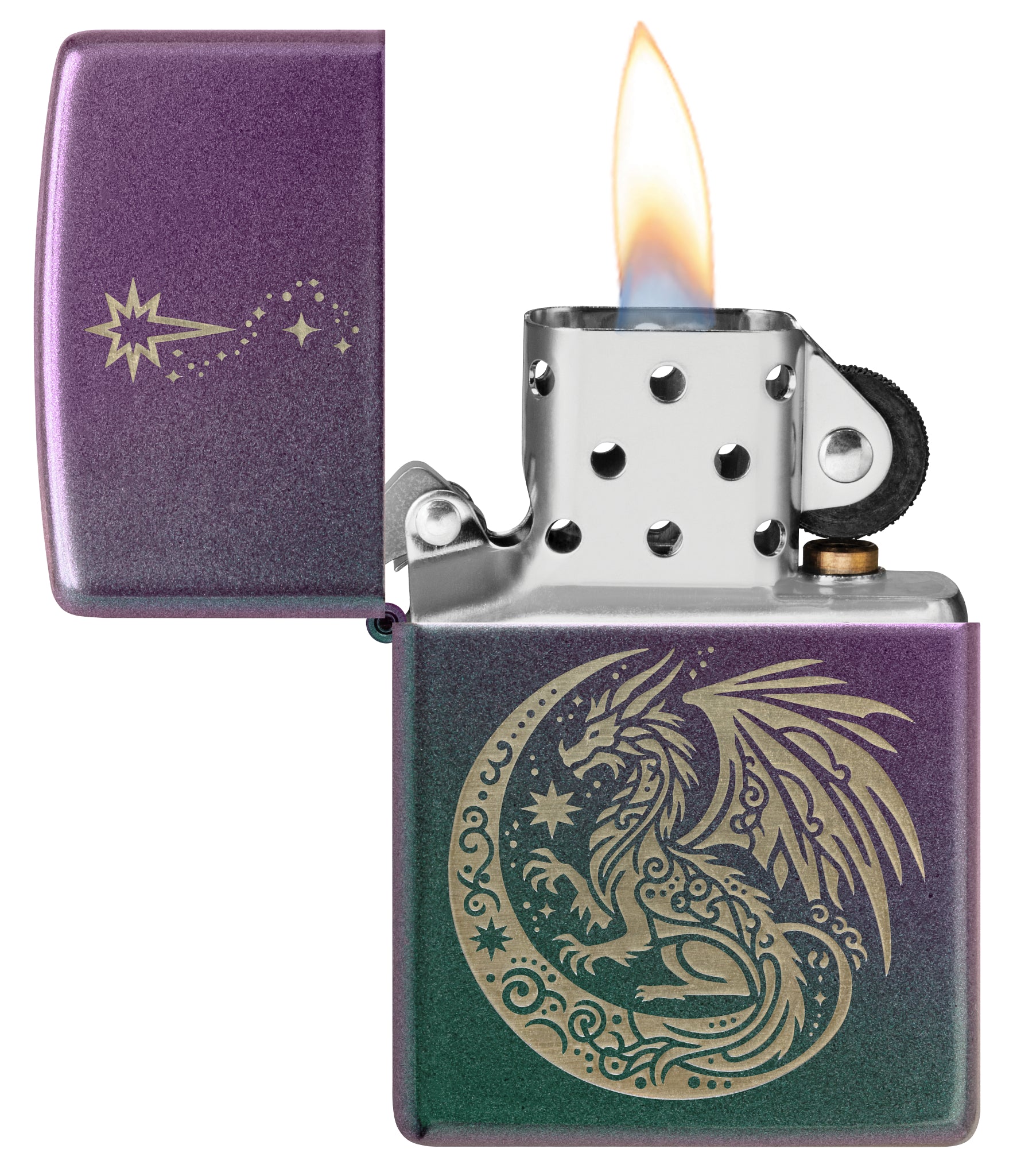 Zippo Dragon Fantasy Design Iridescent Windproof Lighter with its lid open and lit.