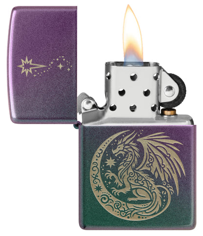 Zippo Dragon Fantasy Design Iridescent Windproof Lighter with its lid open and lit.