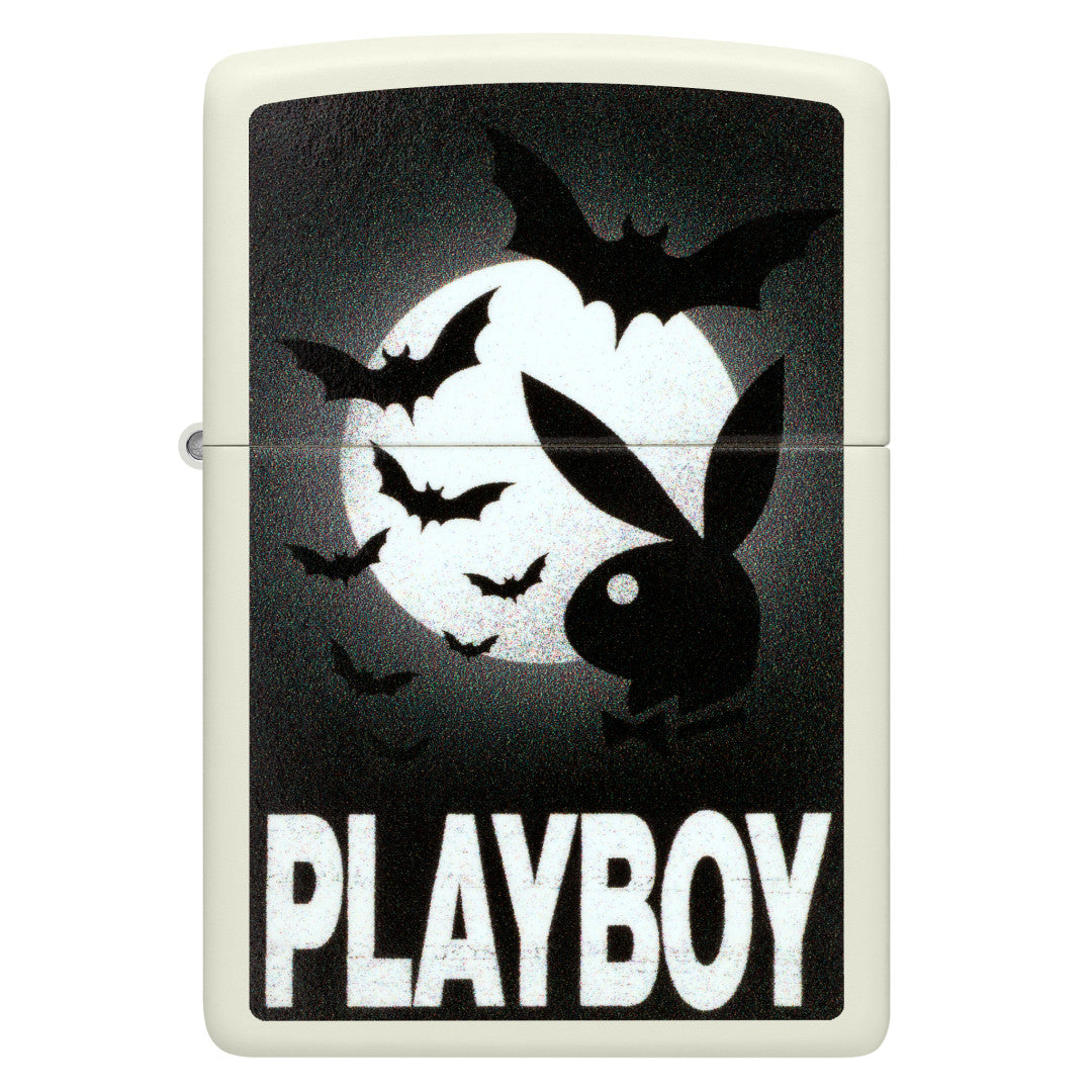 Front view of Zippo Playboy Glowing Bats Design Glow In The Dark Windproof Lighter.