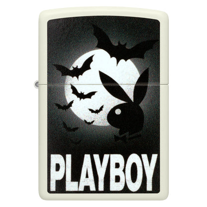 Front view of Zippo Playboy Glowing Bats Design Glow In The Dark Windproof Lighter.
