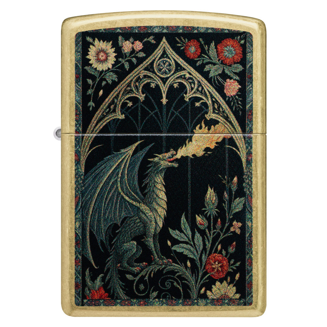 Front view of Zippo Dragon Tapestry Design Street Brass Windproof Lighter.