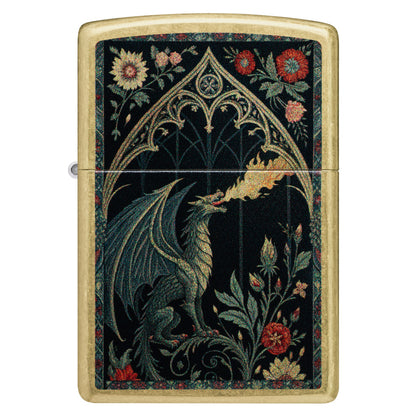 Front view of Zippo Dragon Tapestry Design Street Brass Windproof Lighter.