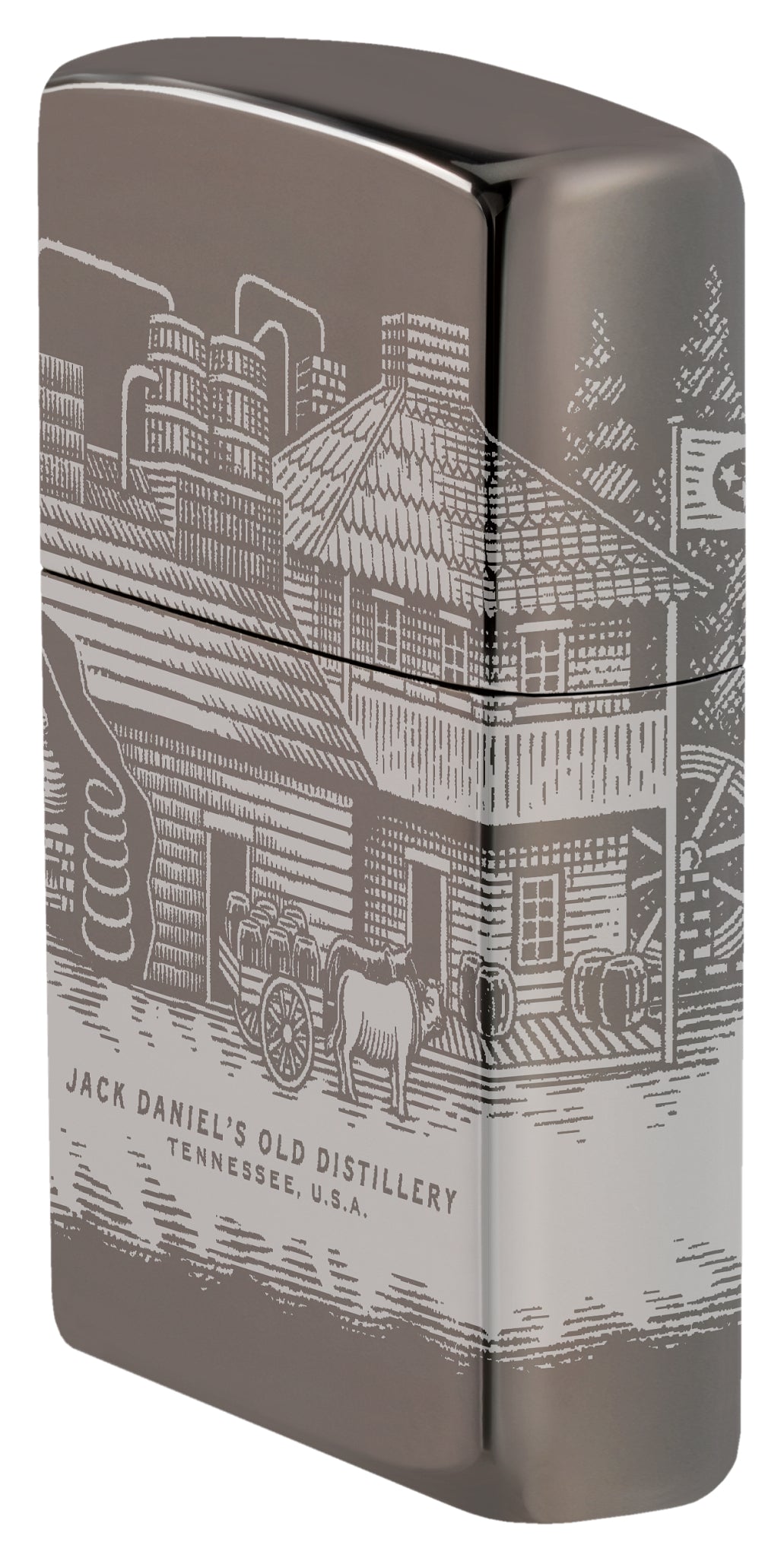 Angled shot of  Zippo Jack Daniel's® Distillery Design Black Ice® Windproof Lighter showing the front and right sides of the lighter.