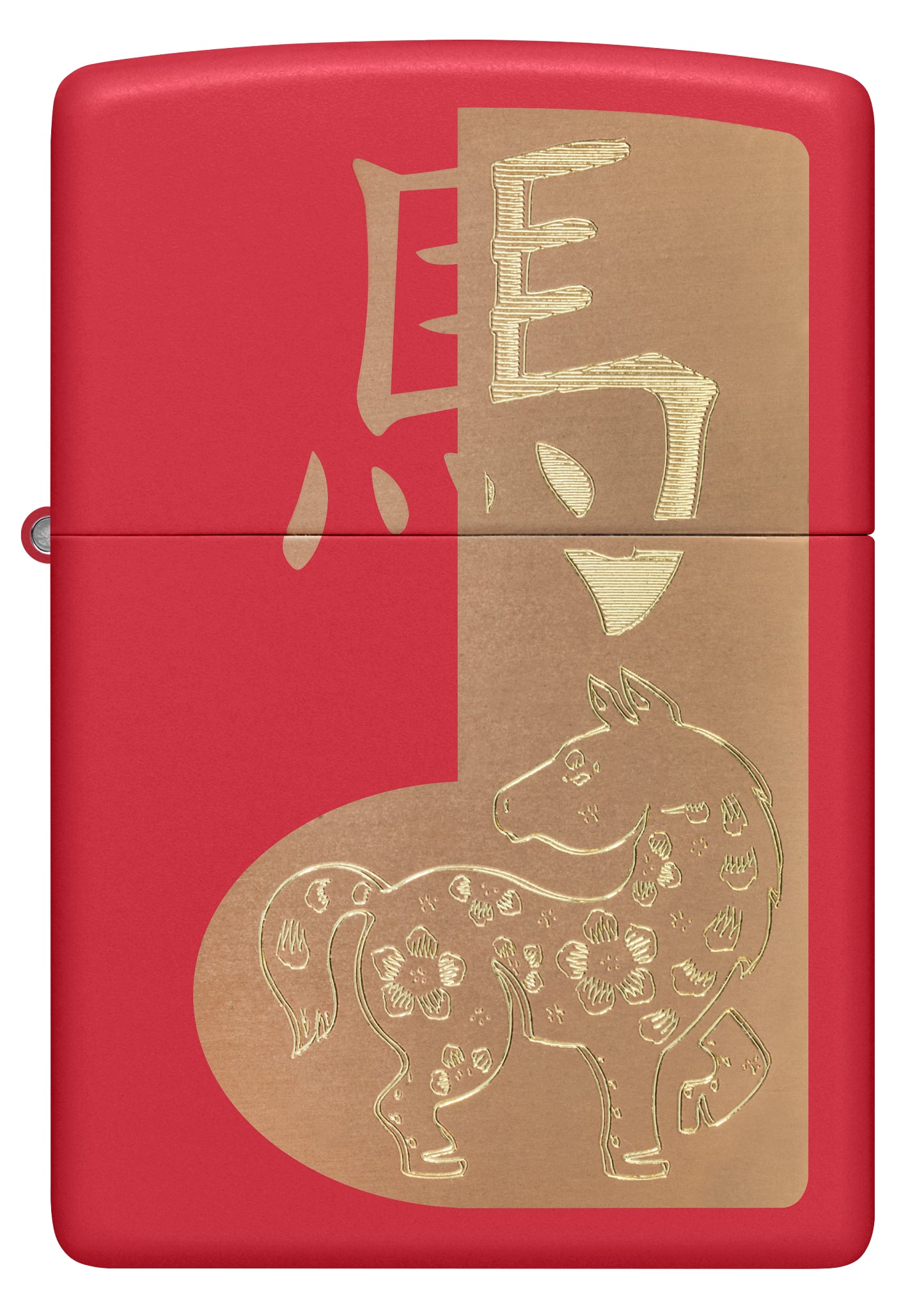 Front view of Zippo 2026 Year of the Horse Design Red Matte Windproof Lighter.