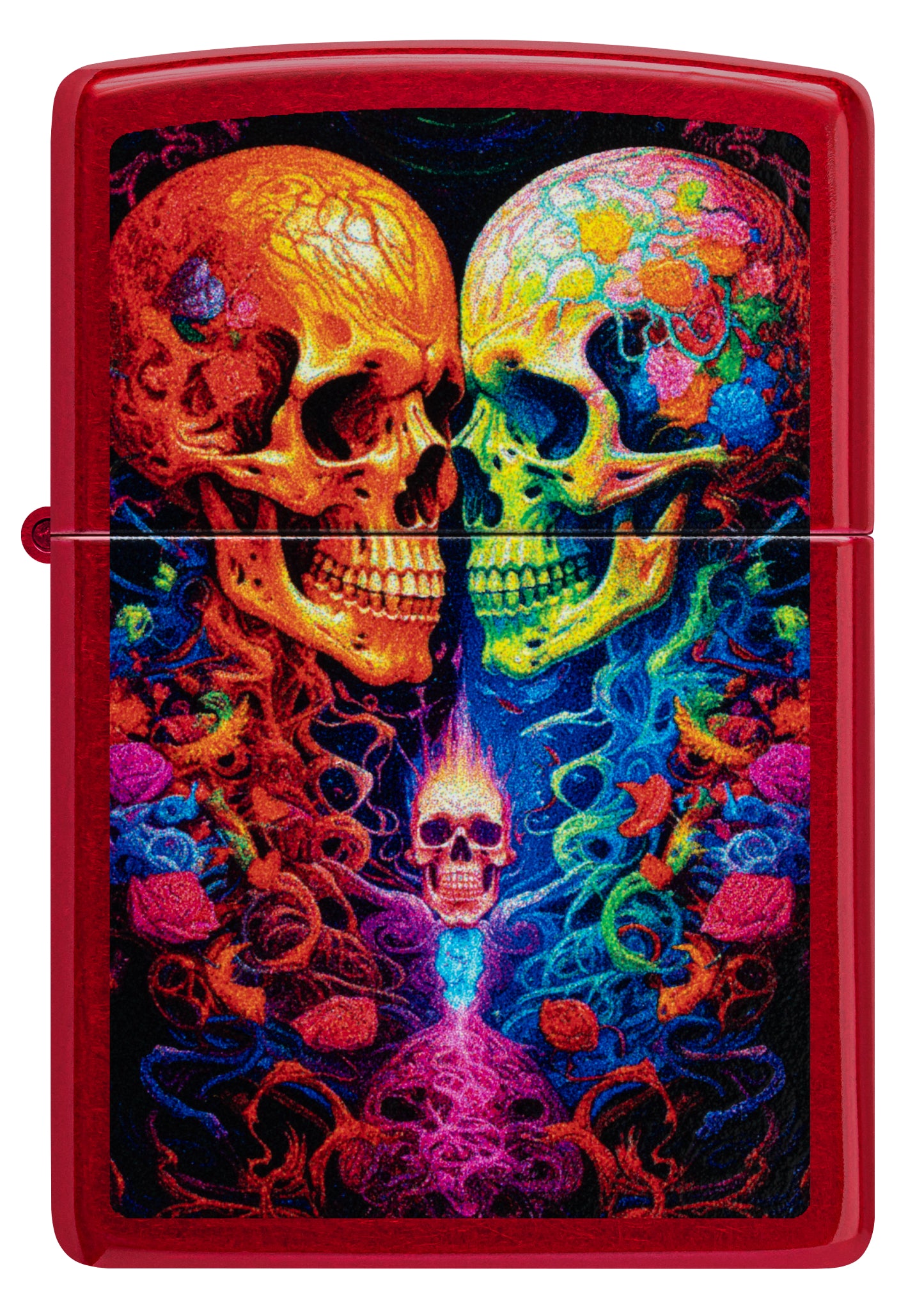 Front view of Zippo Candy Skulls Design Candy Apple Red Windproof Lighter.