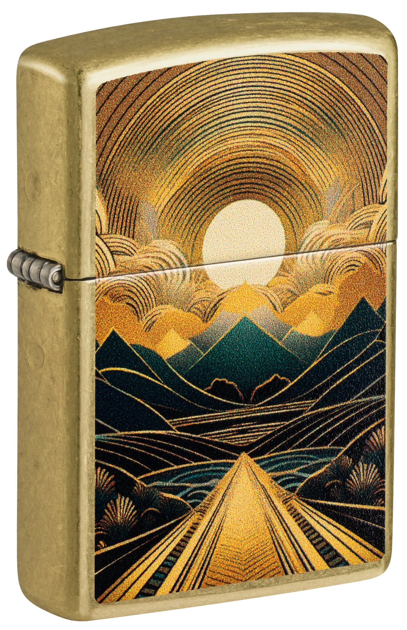 Front shot of Zippo Through the Mountains Design Windproof Lighter standing at a 3/4 angle.