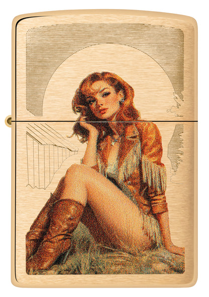 Front view of Zippo Western Pinup Design Brushed Brass.