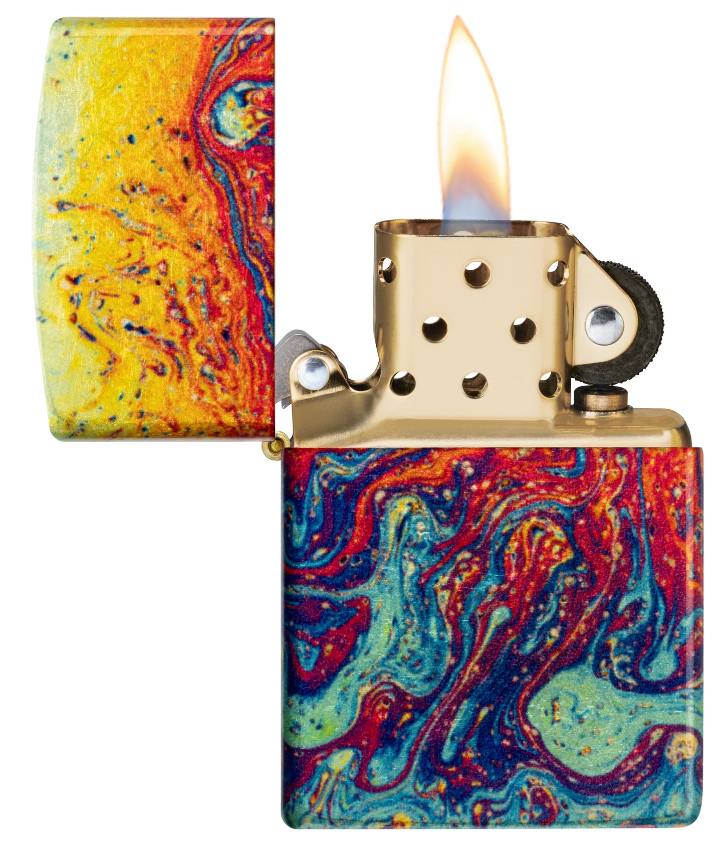 Zippo Magma Fusion Design 540 Tumbled Brass Windproof Lighter with its lid open and lit.