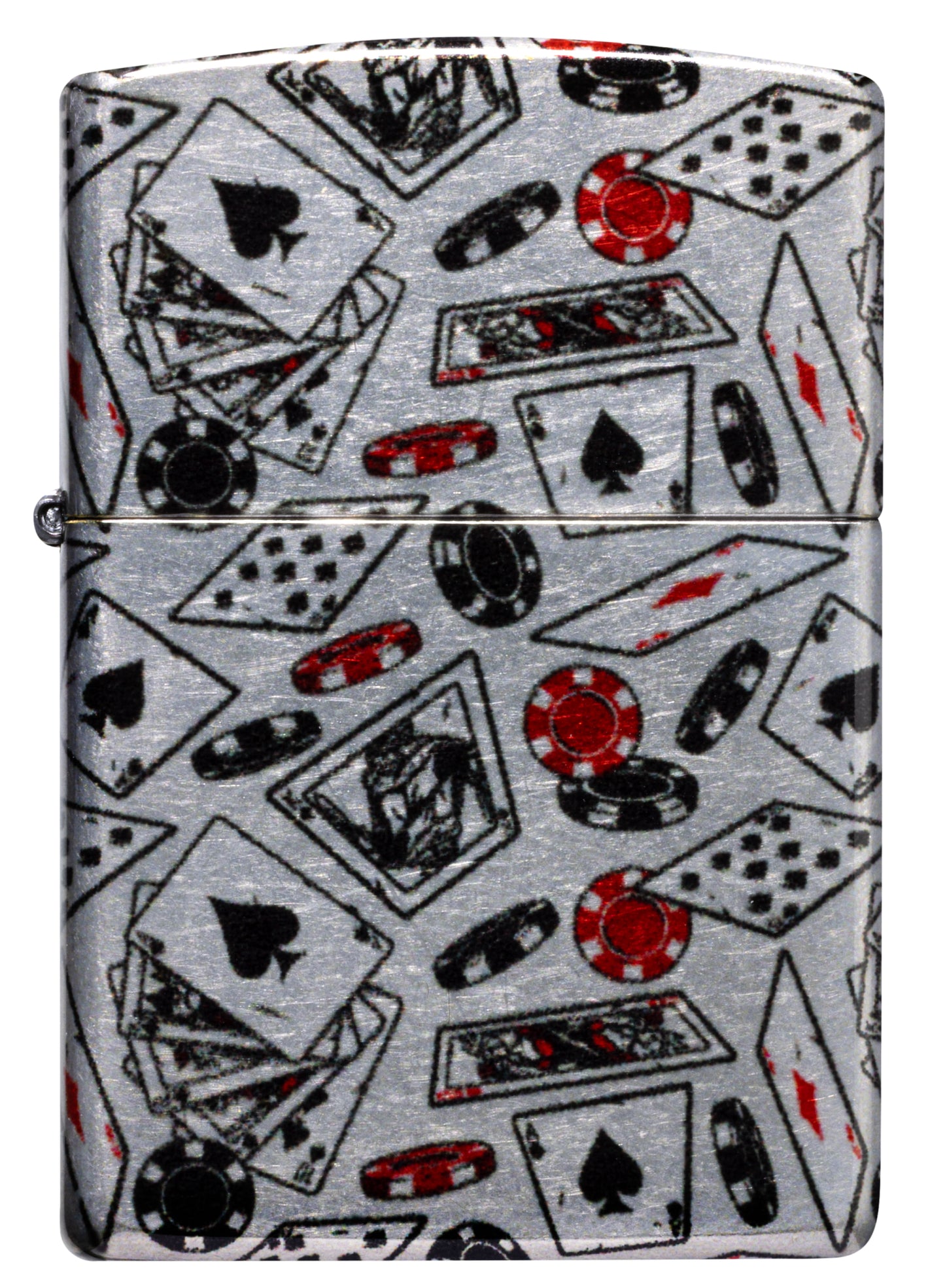 Front view of Zippo Let the Chips Fall Design 540 Tumbled Chrome Windproof Lighter.