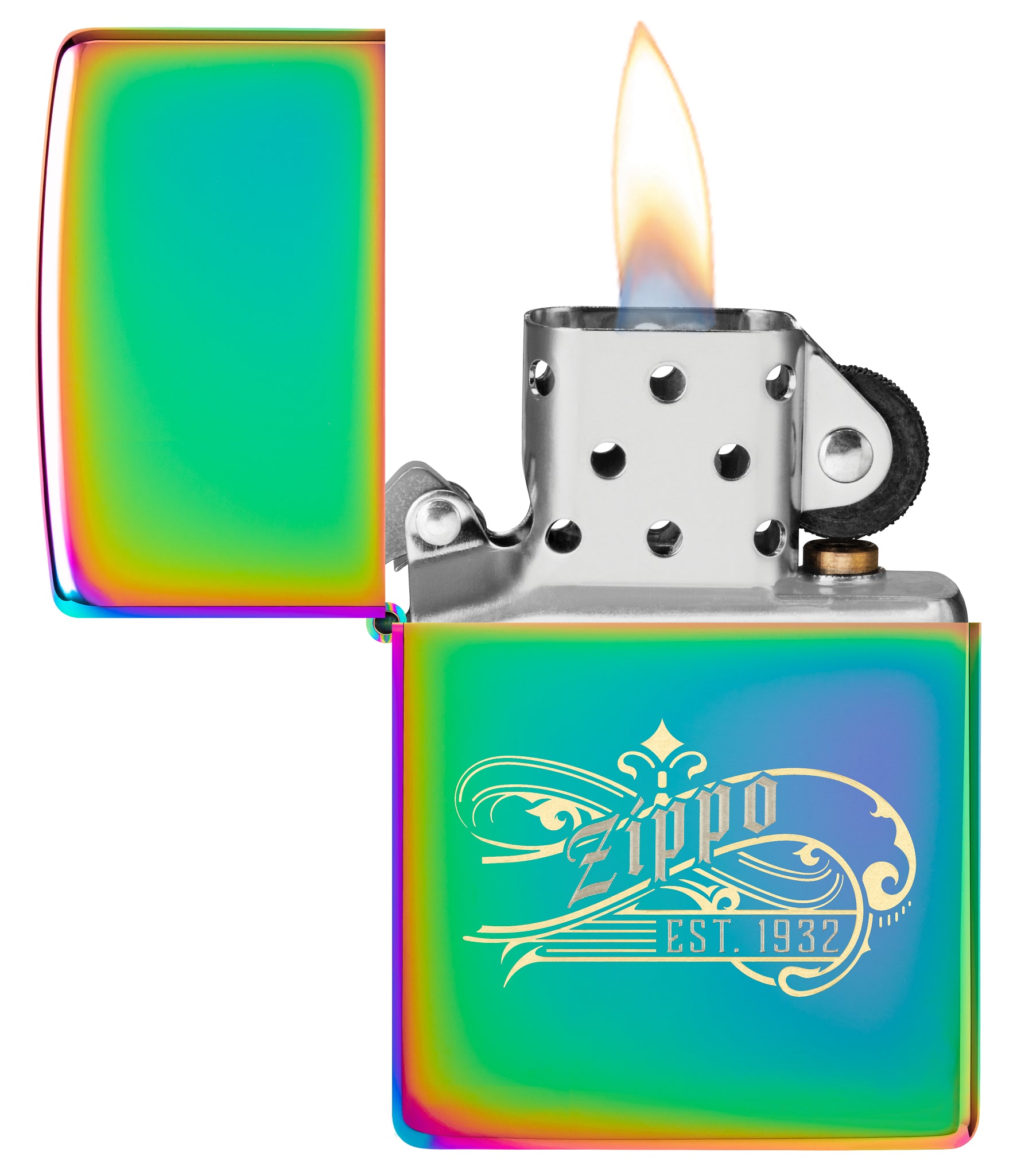 Zippo Established 1932 Design Multi Color Windproof Lighter with its lid open and lit.