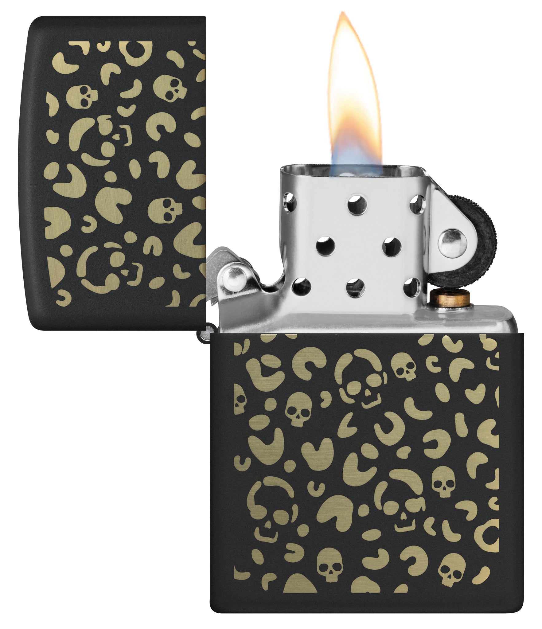 Zippo Leopard Skulls Design Black Matte Windproof Lighter with its lid open and lit.