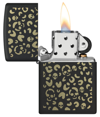 Zippo Leopard Skulls Design Black Matte Windproof Lighter with its lid open and lit.