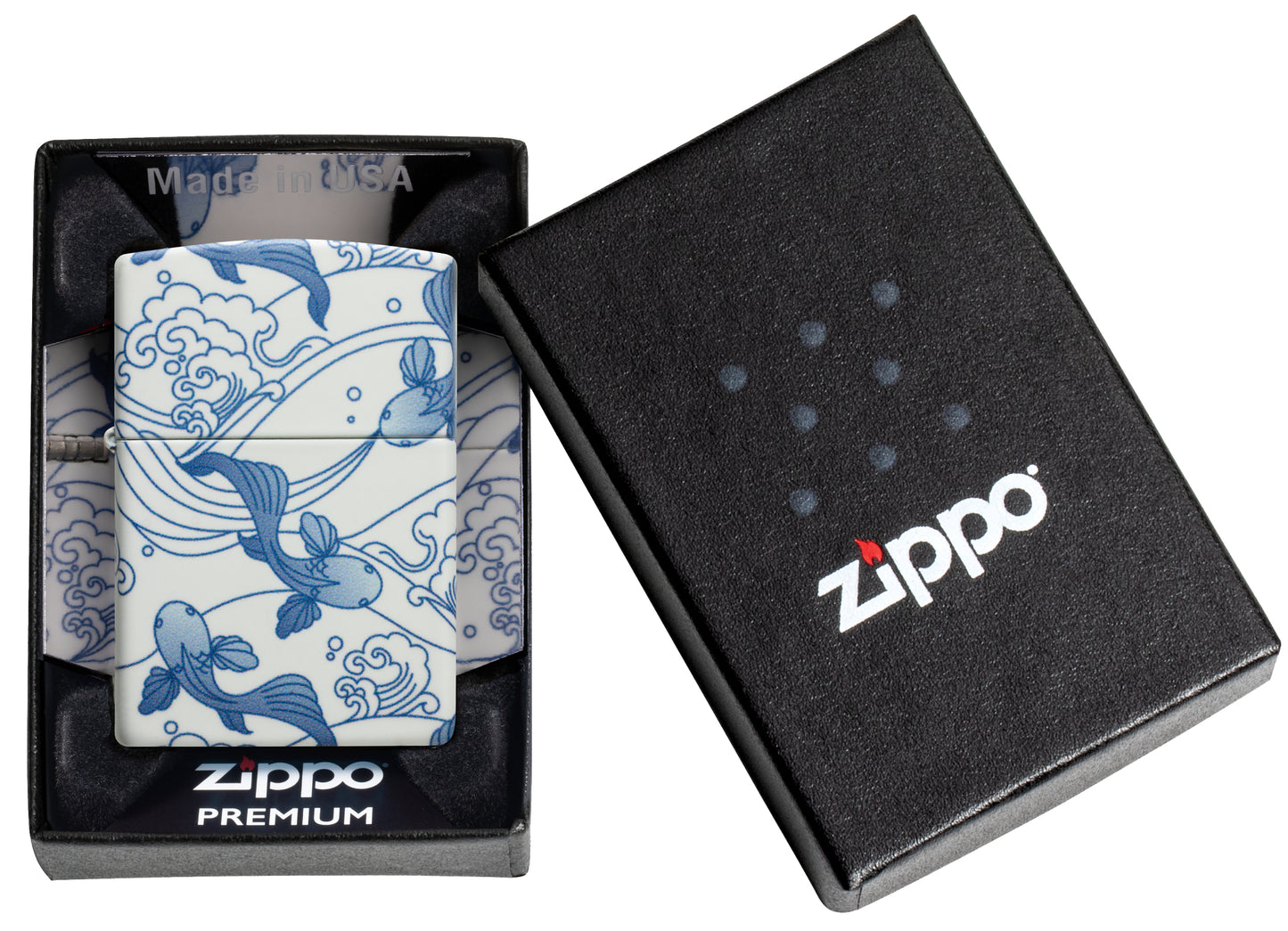 Zippo Porcelain Koi Design 540 Matte Windproof Lighter in its packaging.