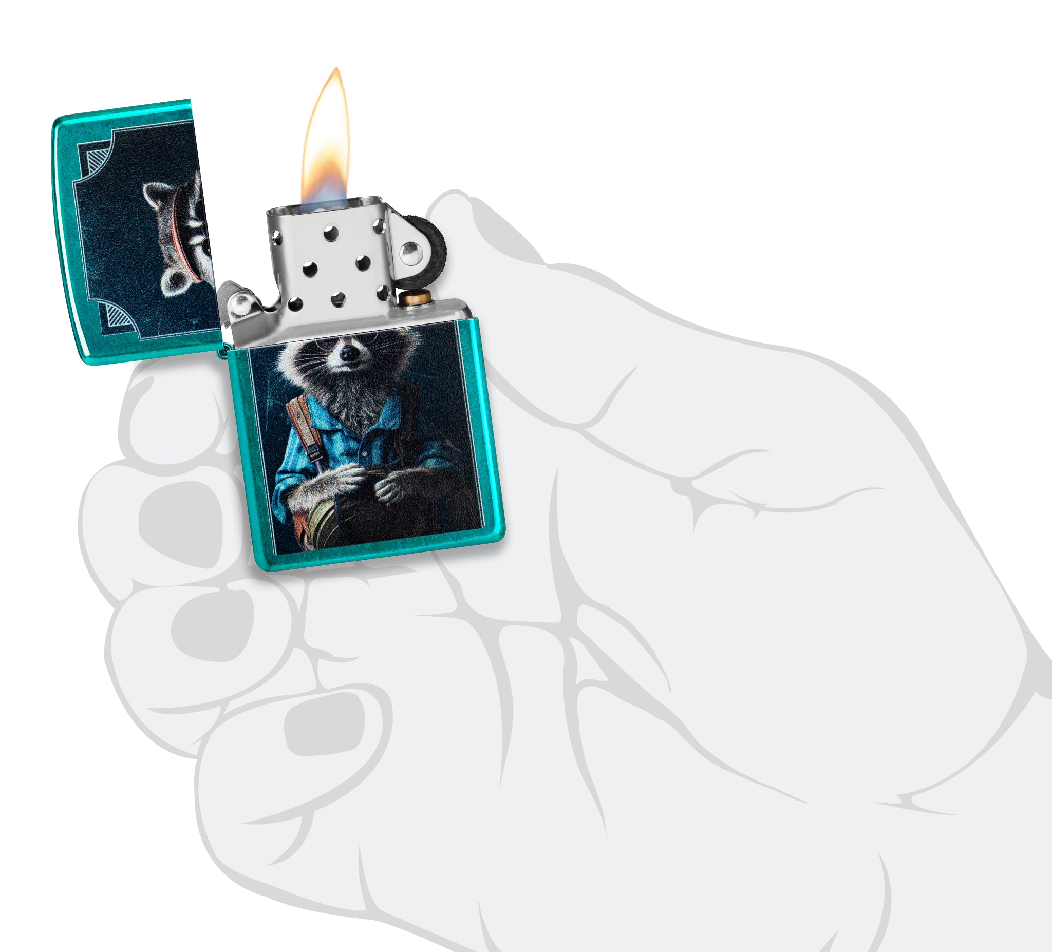 Zippo Refined Raccoon Design Translucent Candy Teal Windproof