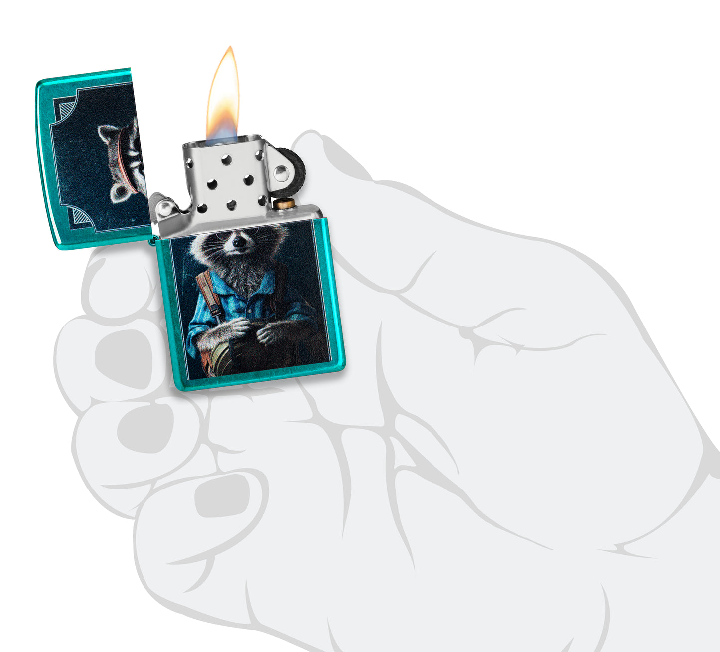 Zippo Refined Raccoon Design Translucent Candy Teal Windproof Lighter lit in hand.