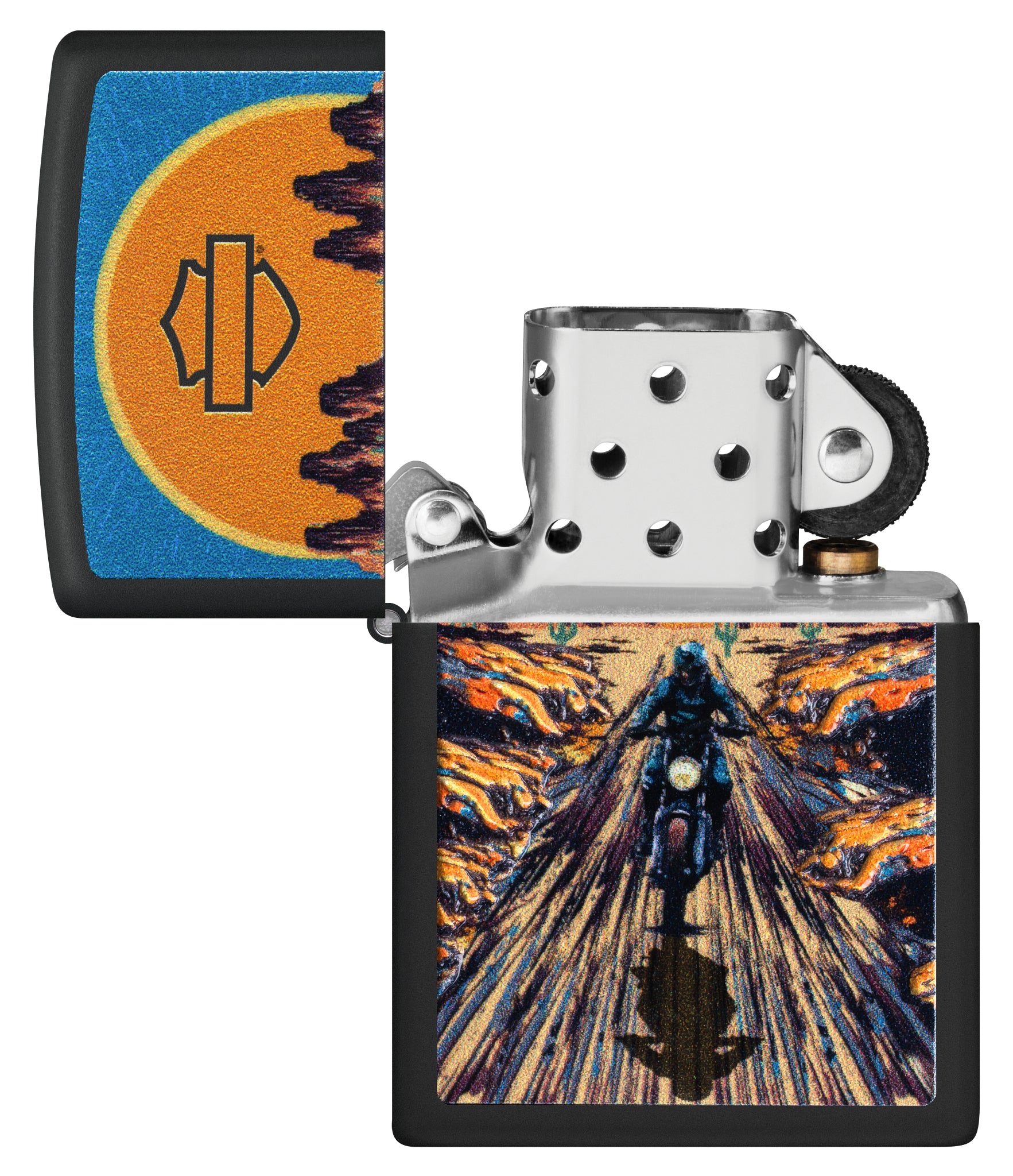 Zippo Harley-Davidson® Texture Print Design Black Matte Windproof Lighter with its lid open and unlit.