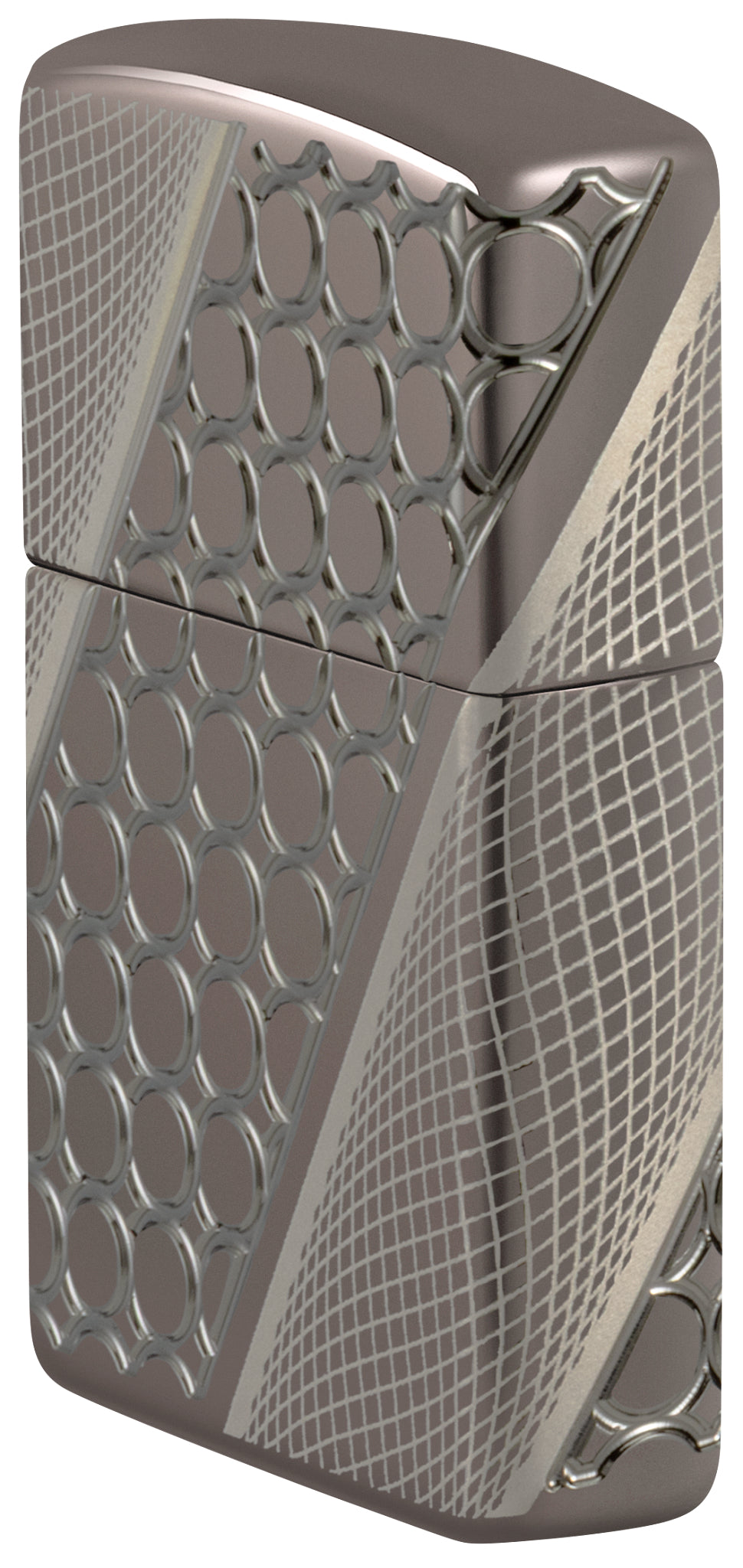 Angled shot of  Zippo Deep Dots Design Armor® Black Ice® Windproof Lighter showing the front and right sides of the lighter.