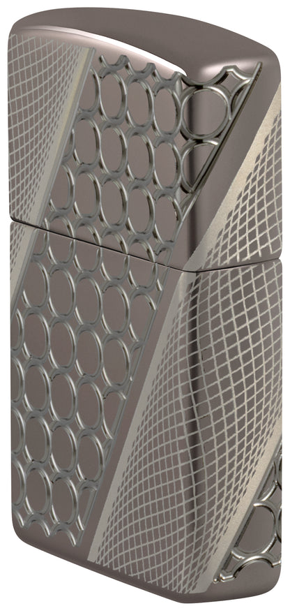 Angled shot of  Zippo Deep Dots Design Armor® Black Ice® Windproof Lighter showing the front and right sides of the lighter.
