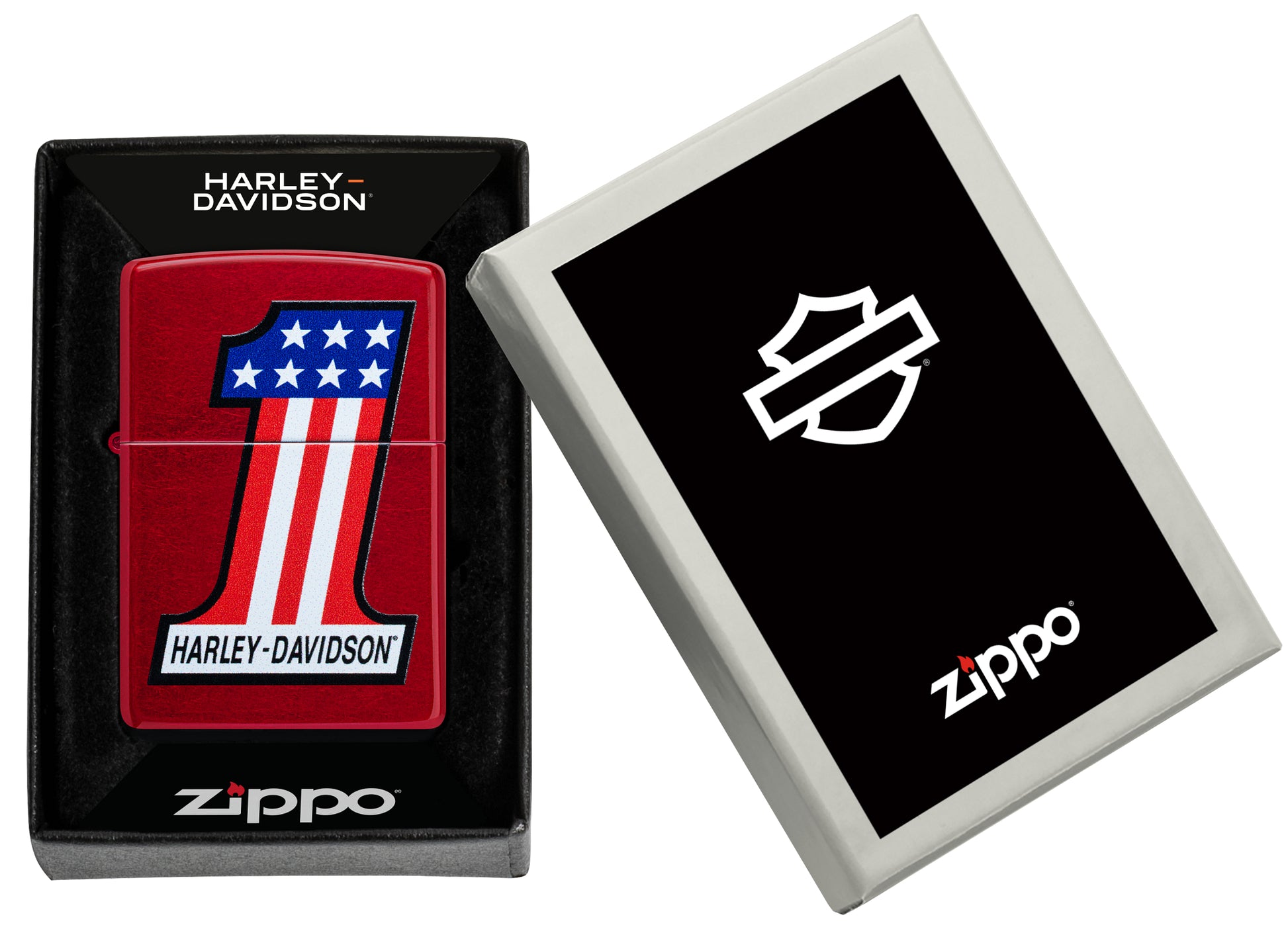 Zippo Harley-Davidson® #1 Logo Design Candy Apple Red Windproof Lighter in its packaging.