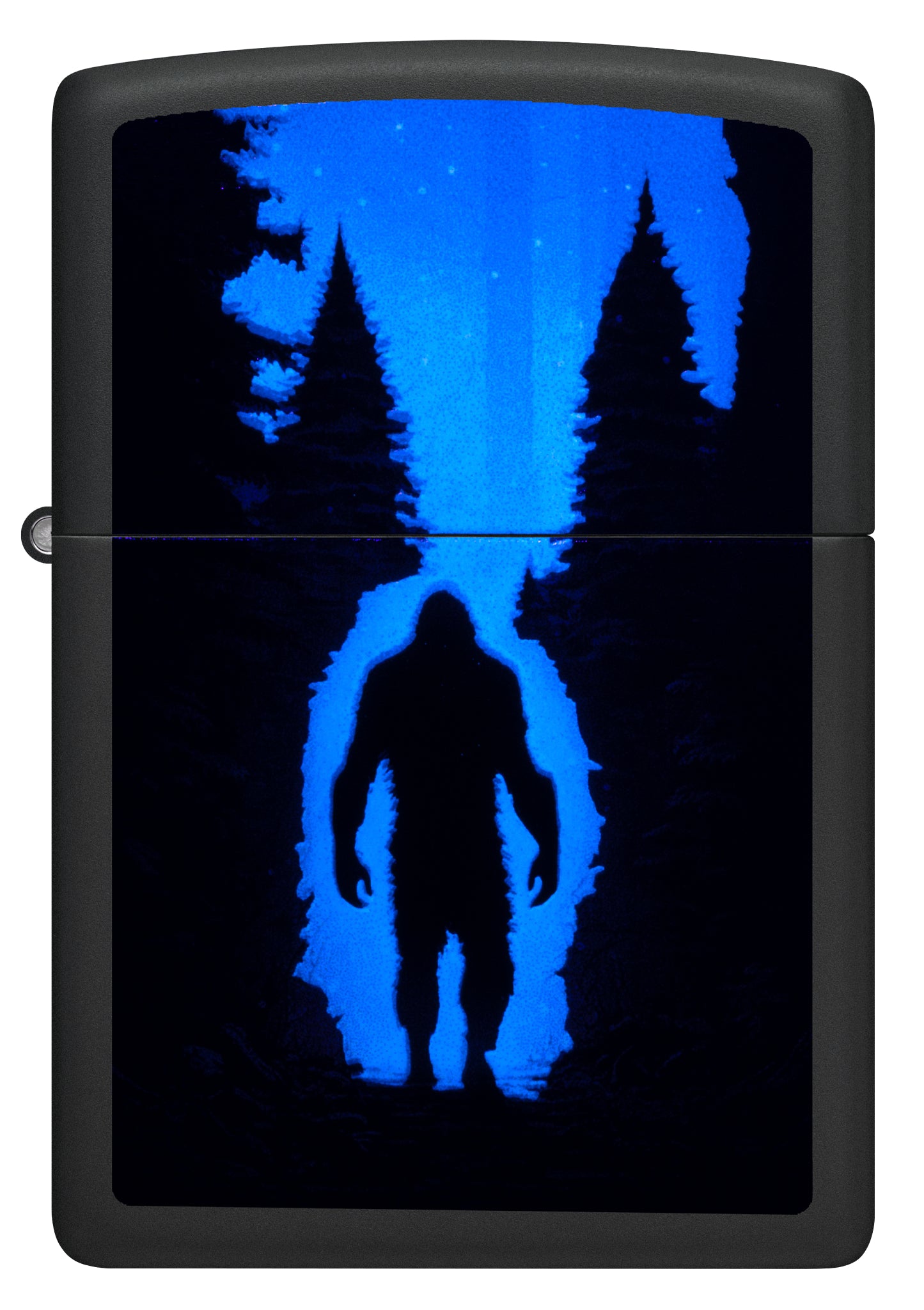 Front view of Zippo  Ultra Squatch Design Black Matte Windproof Lighter glowing under a blacklight.