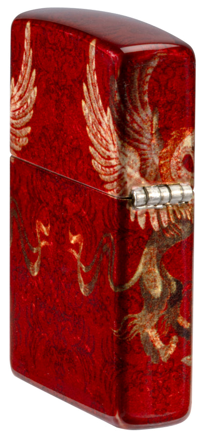 Angled shot of  Zippo Skull Heraldry Design Tumbled Brass Windproof Lighter showing the back and hinge side of the lighter.