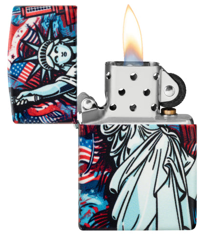 Zippo Lady Liberty Design 540 Matte Windproof Lighter with its lid open and lit.