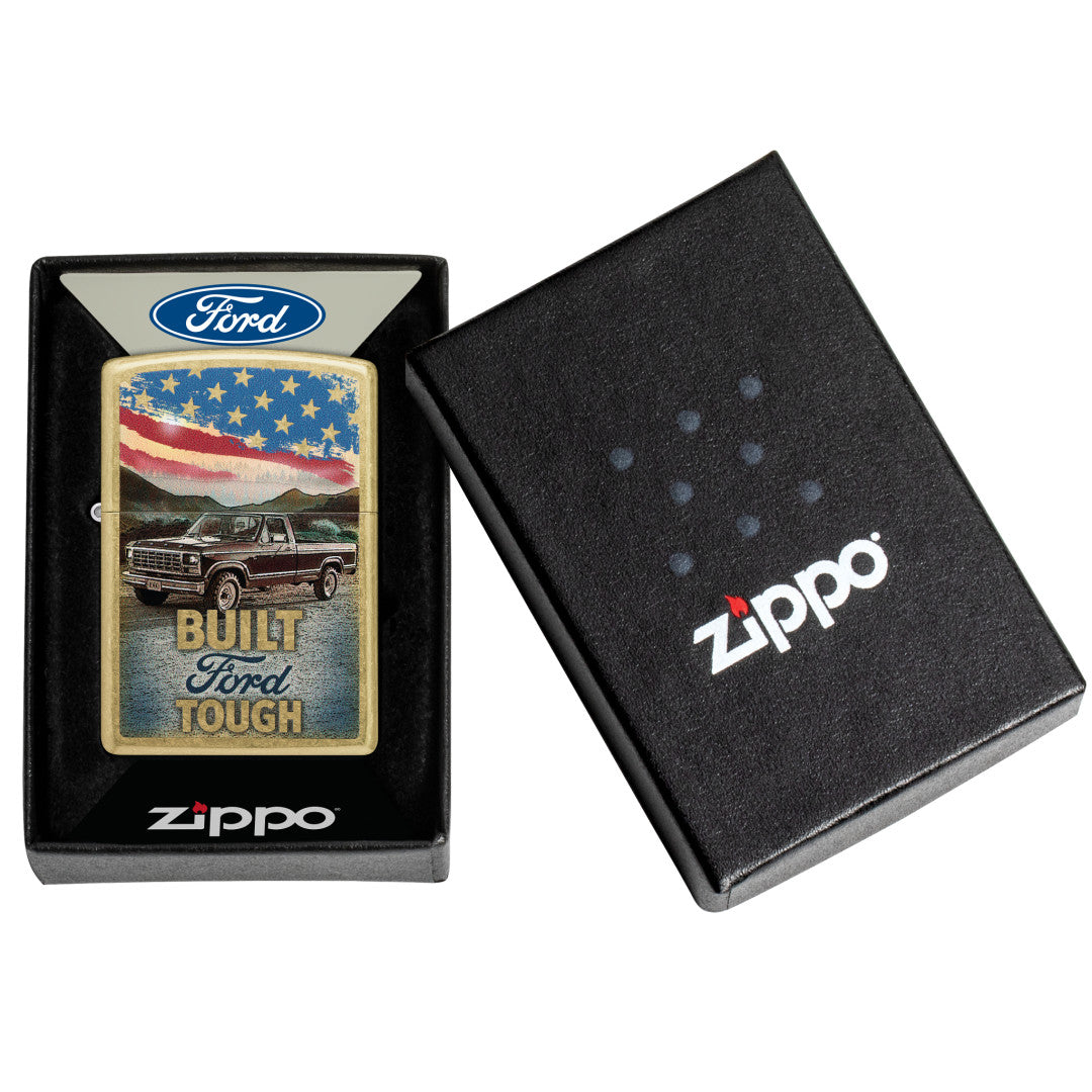 Zippo Built Ford Tough Design Street Brass Windproof Lighter in its packaging.