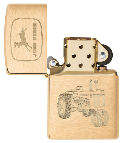 Zippo John Deere Tractor Design Brushed Brass Windproof Lighter with its lid open and unlit.