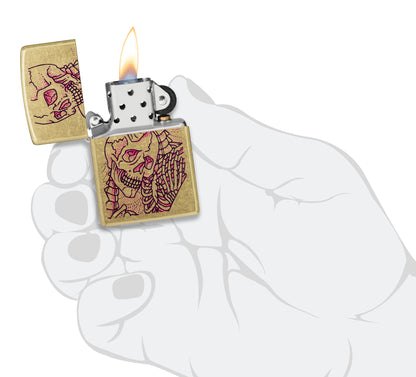 Zippo Bony Embrace Design Street Brass lit in hand.