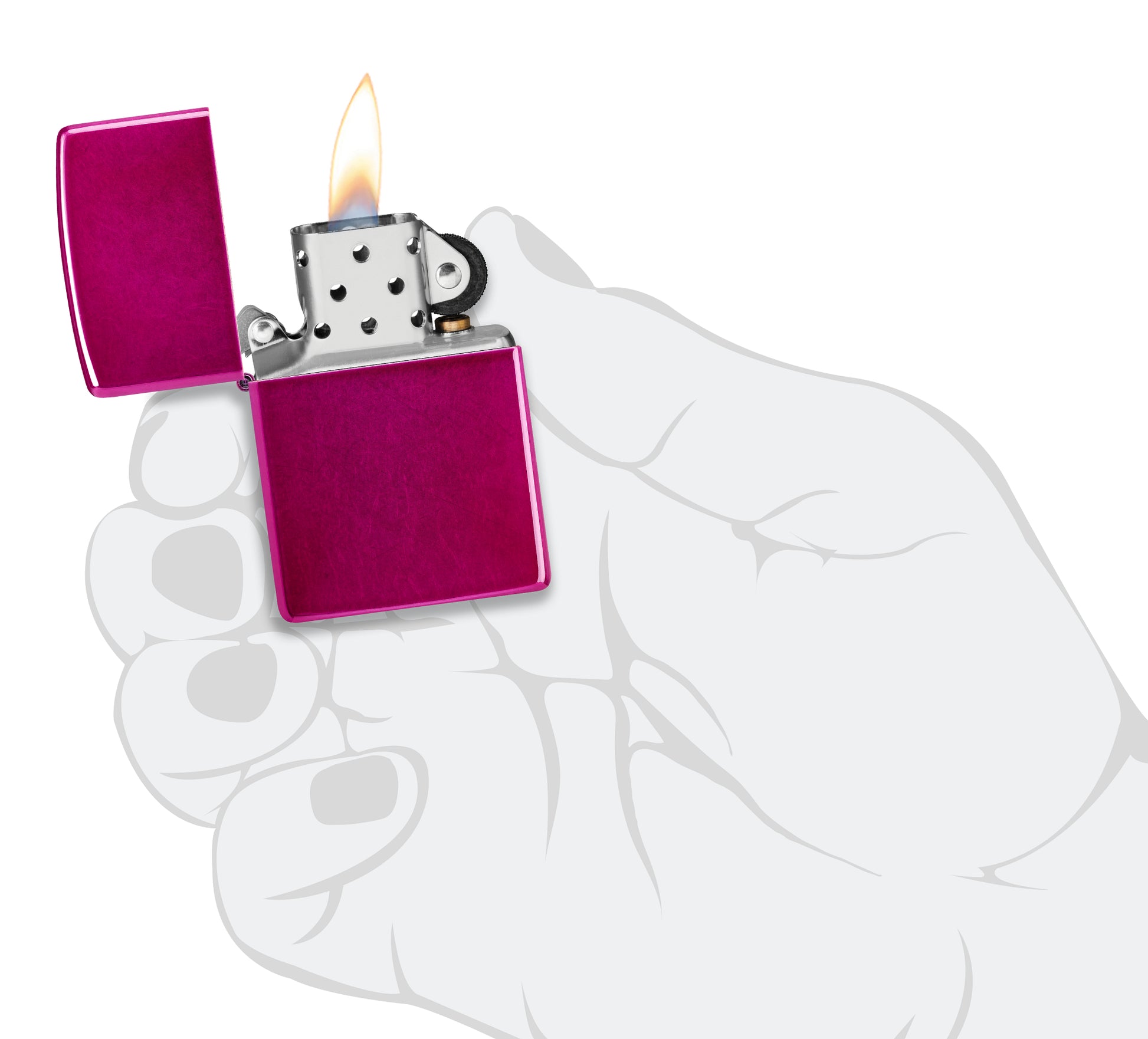 Zippo Classic Candy Raspberry Windproof Lighter lit in hand.