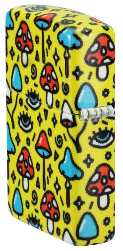 Angled shot of  Zippo Eye Spy Design Glow-in-the-Dark Green Windproof Lighter showing the back and hinge sides of the lighter.