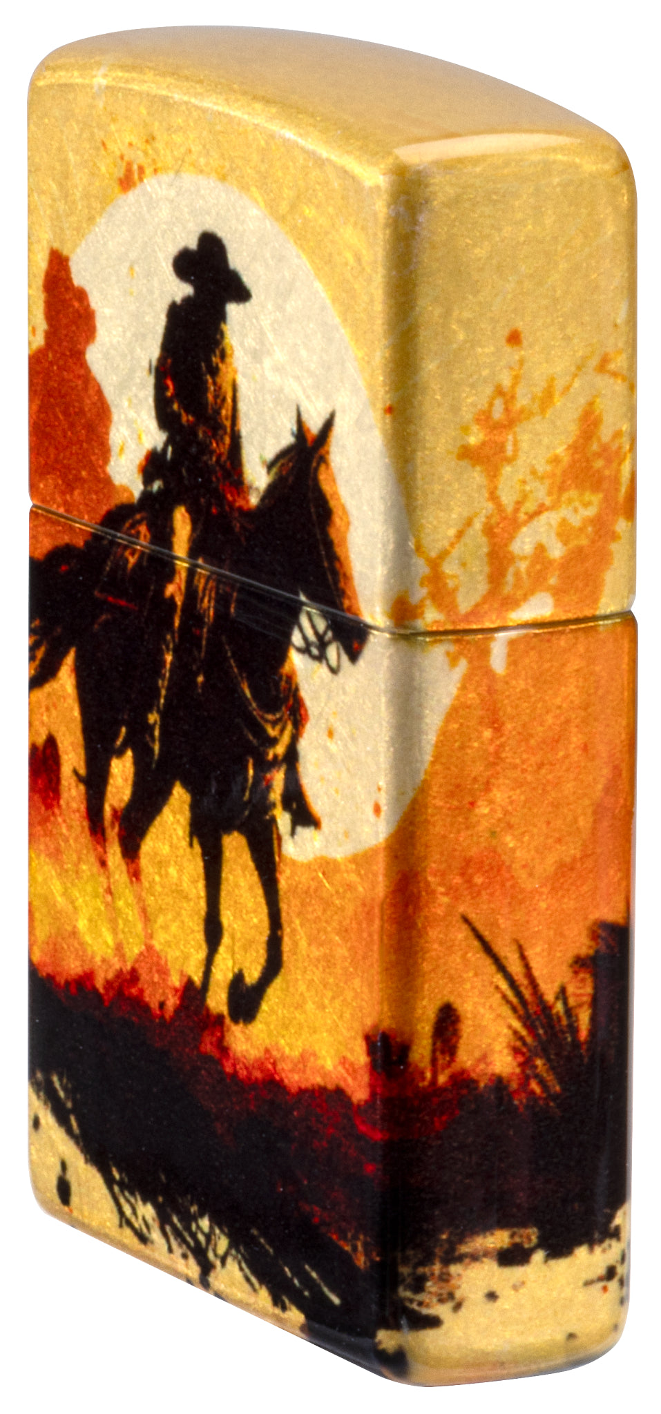 Angled shot of  Zippo Racing Wrangler Design 540 Tumbled Brass Windproof Lighter showing the front and non-hinge side of the lighter.