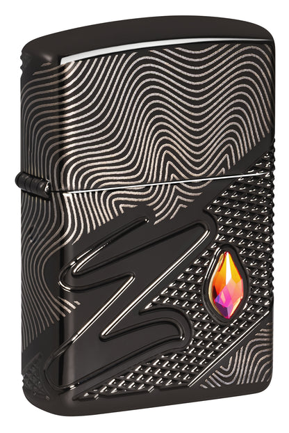 Front shot of Zippo Z Crystal Design Armor® High Polish Black Windproof Lighter standing at a 3/4 angle.