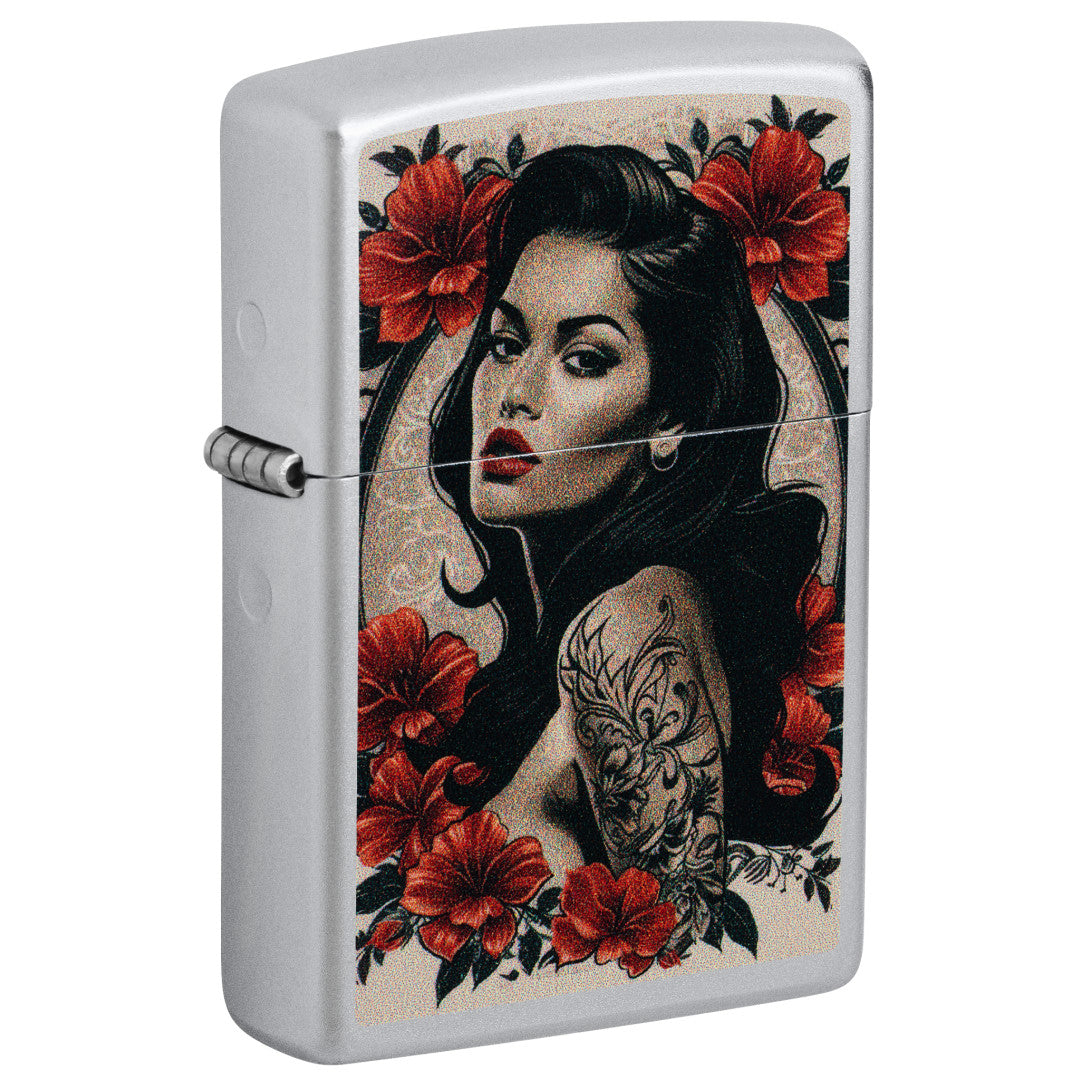 Front shot of Zippo Pinup Tattoo Design Satin Chrome Windproof Lighter standing at a 3/4 angle.