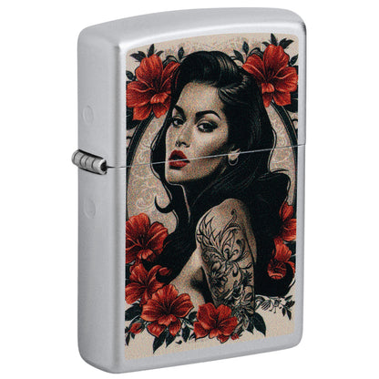 Front shot of Zippo Pinup Tattoo Design Satin Chrome Windproof Lighter standing at a 3/4 angle.