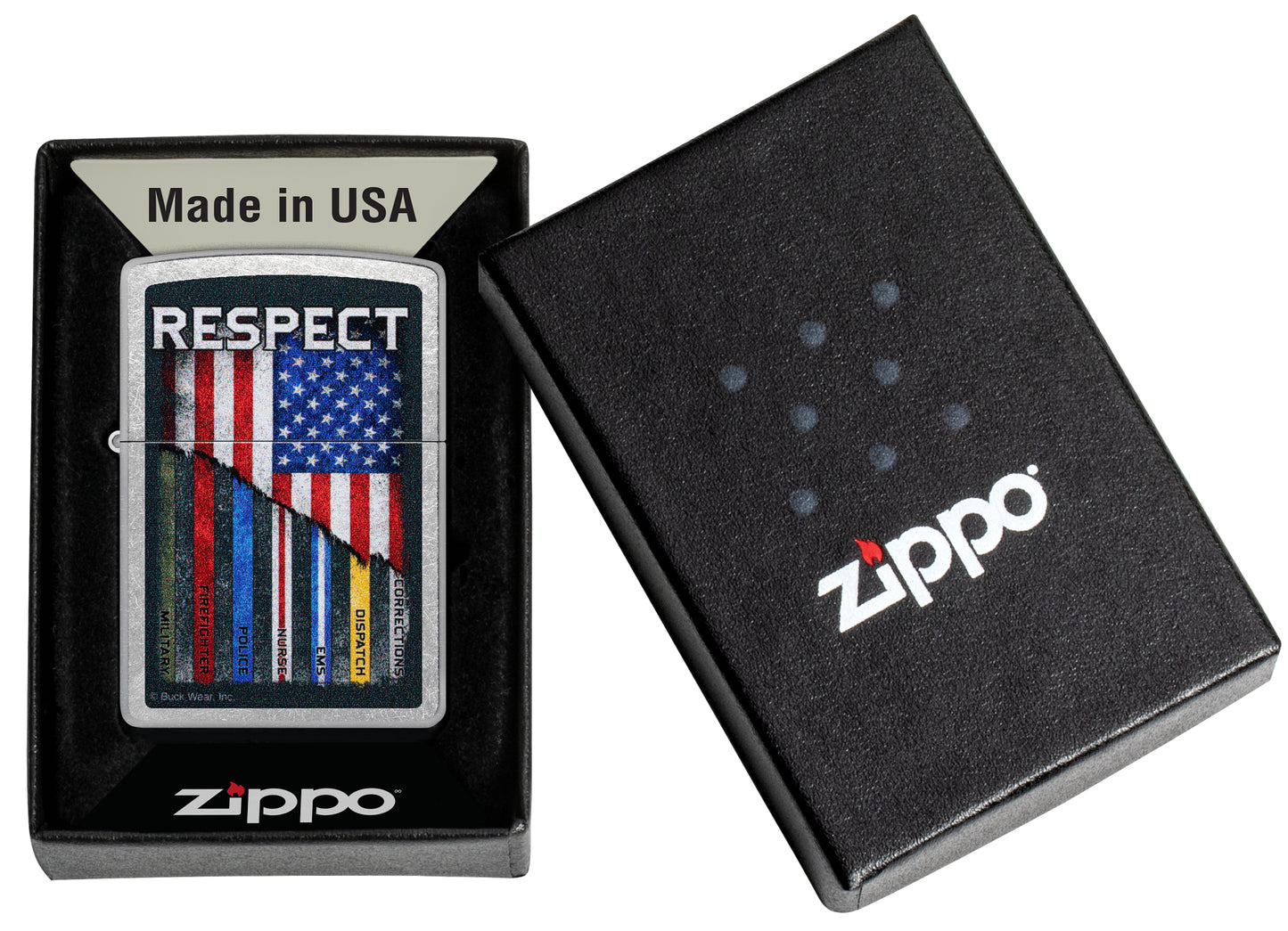 Zippo Buck Wear Respect Design Street Chrome Windproof Lighter in its packaging.