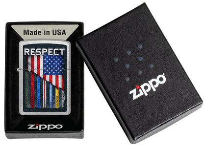 Zippo Buck Wear Respect Design Street Chrome Windproof Lighter in its packaging.