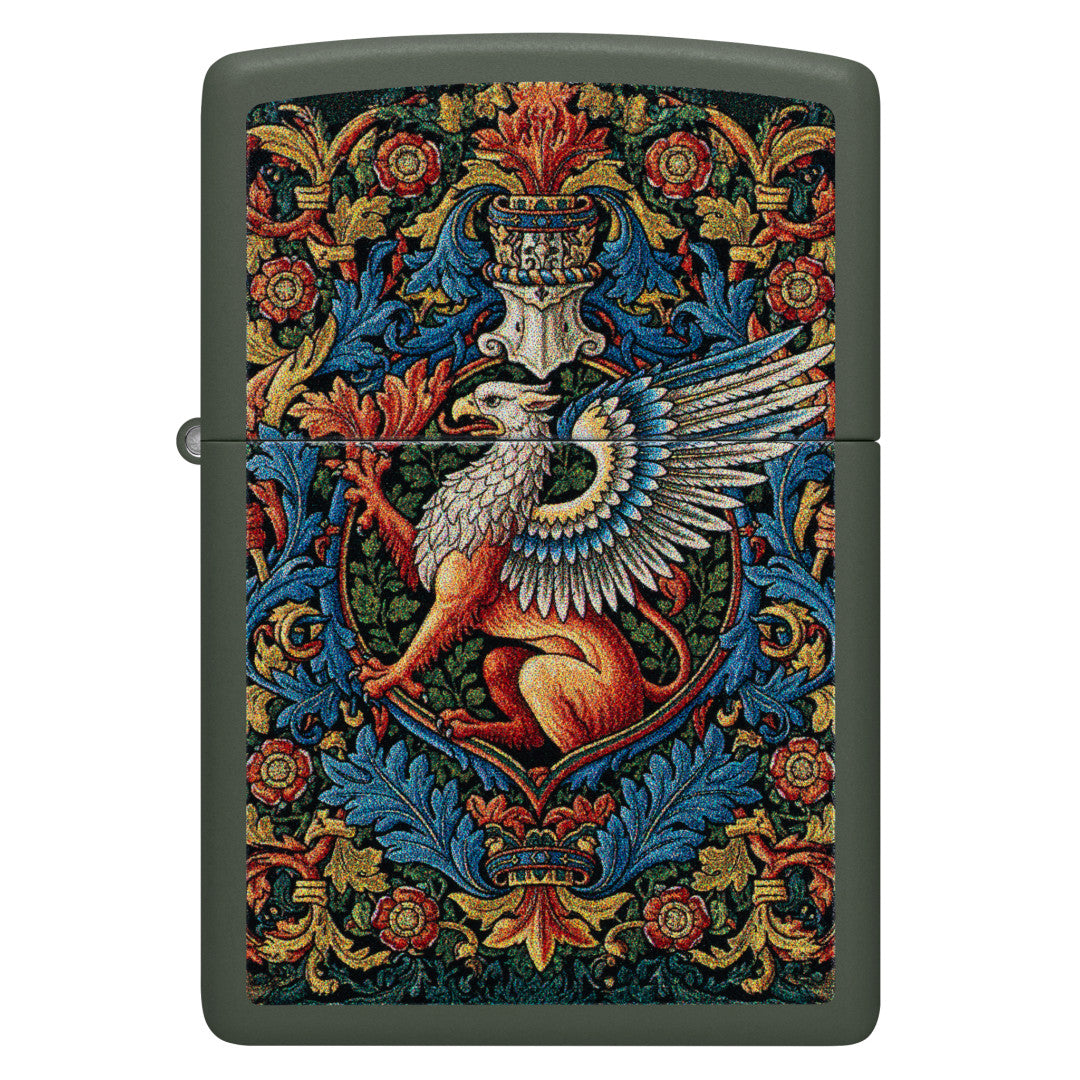 Front view of Zippo Gryphon Design Green Matte Windproof Lighter.
