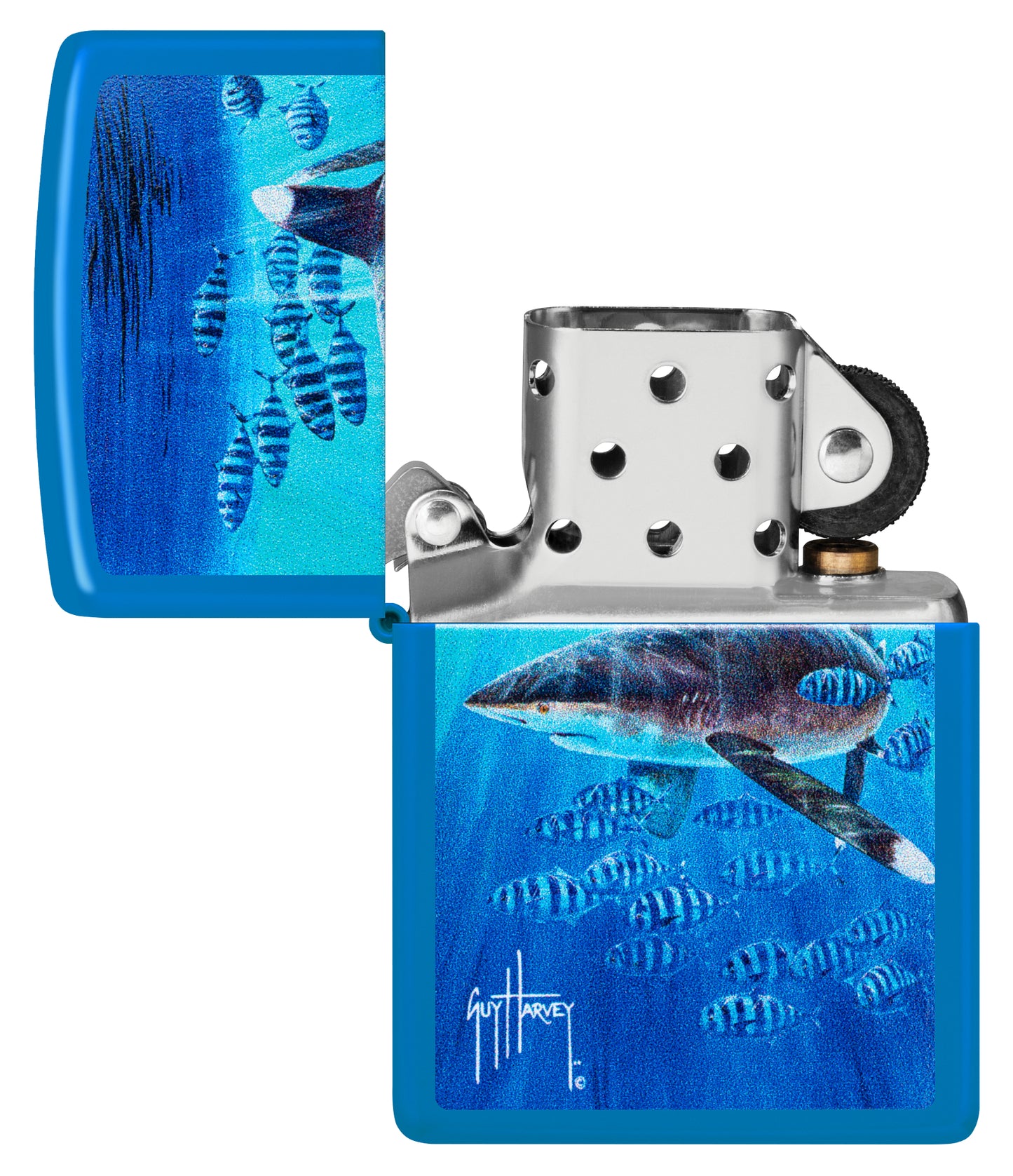Zippo Guy Harvey Co-Pilot Design Sky Blue Matte Windproof Lighter with its lid open and unlit.