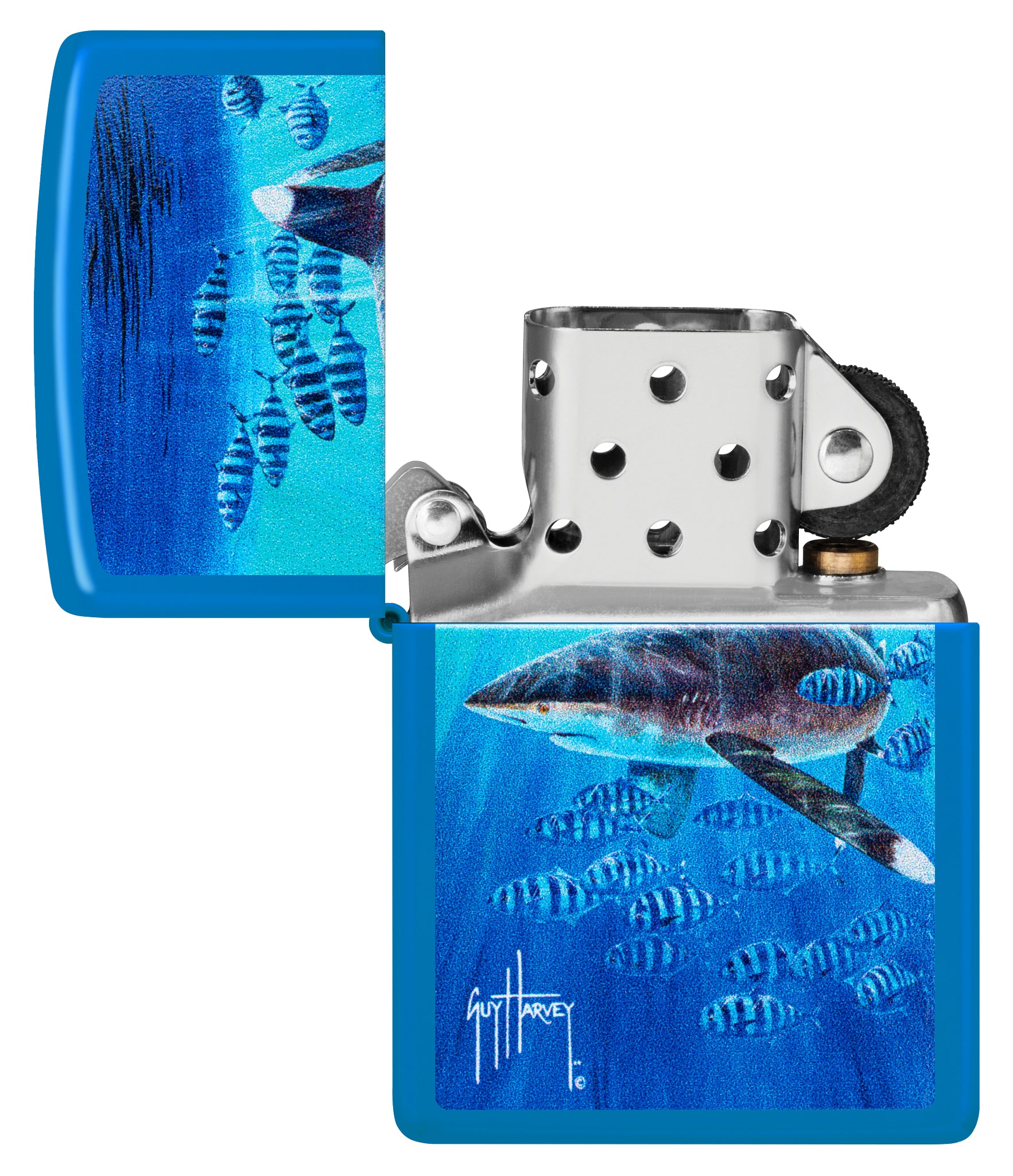 Zippo Guy Harvey Co-Pilot Design Sky Blue Matte Windproof Lighter with its lid open and unlit.