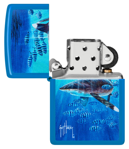 Zippo Guy Harvey Co-Pilot Design Sky Blue Matte Windproof Lighter with its lid open and unlit.