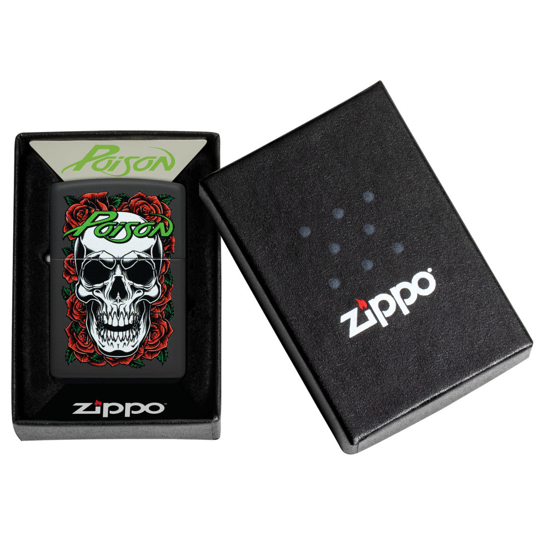 Zippo Poison Skull and Roses Design Black Matte Windproof Lighter in its packaging.