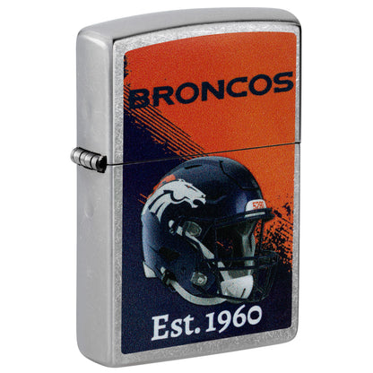 Front shot of Zippo NFL Denver Broncos Helmet Design Street Chrome Windproof Lighter standing at a 3/4 angle.