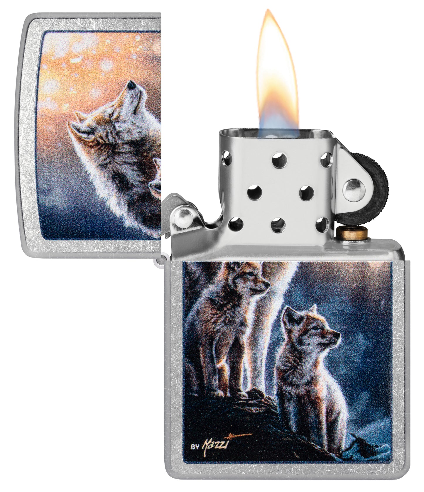 Zippo Mazzi® Wolf Pack Design Street Chrome Windproof Lighter with its lid open and lit.