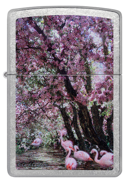 Front view of Zippo Carol Cavalaris Flamingo Lagoon Design Street Chrome Windproof Lighter .