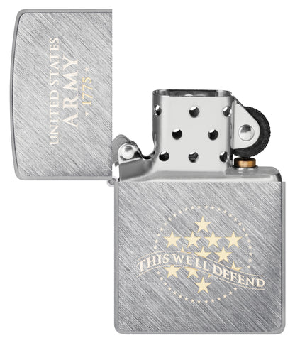 Zippo U.S. Army® This We'll Defend Design Herringbone Sweep Windproof Lighter with its lid open and unlit.