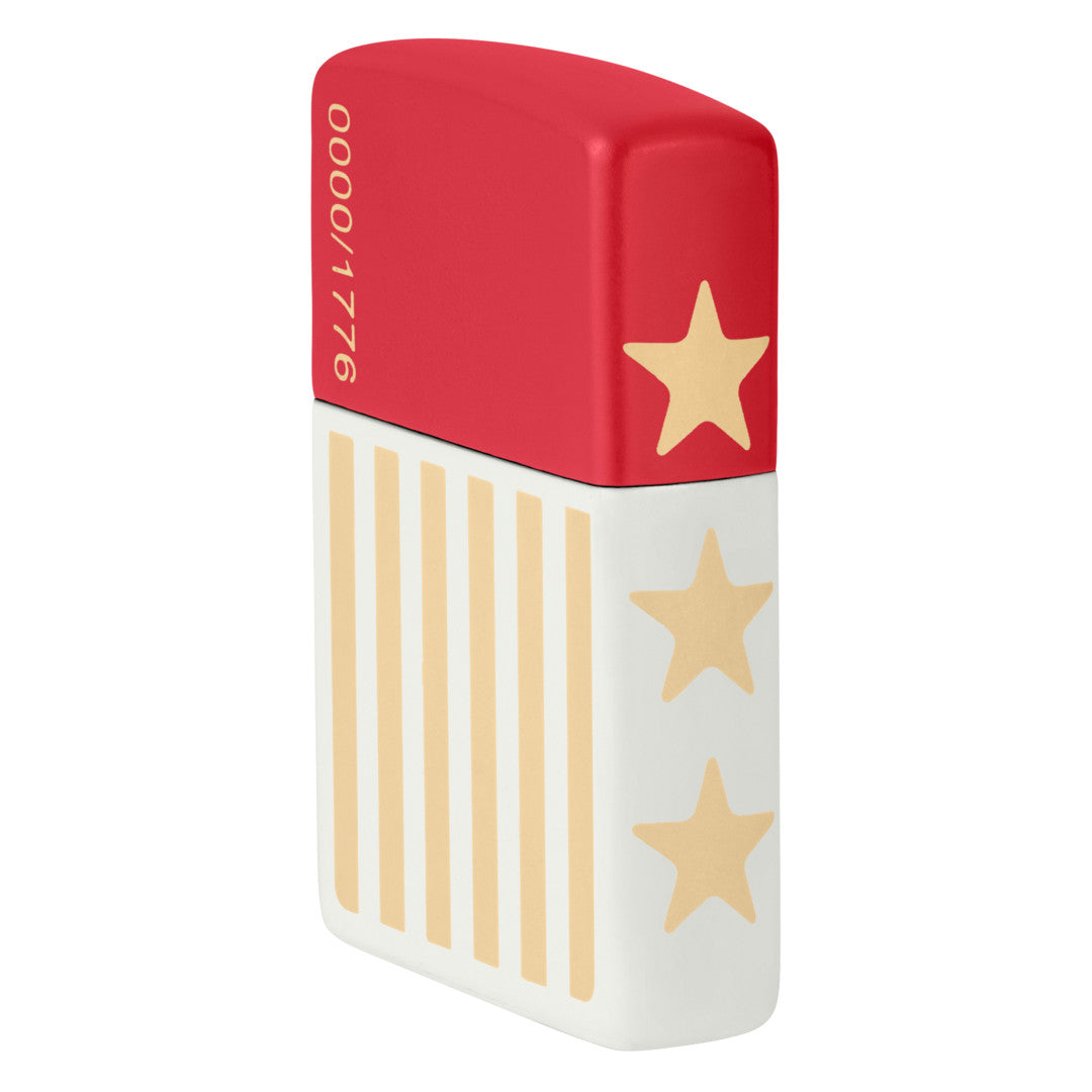 Angled shot of  Zippo 250th Anniversary Collectible Red and White Matte Windproof Lighter showing the front and non-hinge side of the lighter.